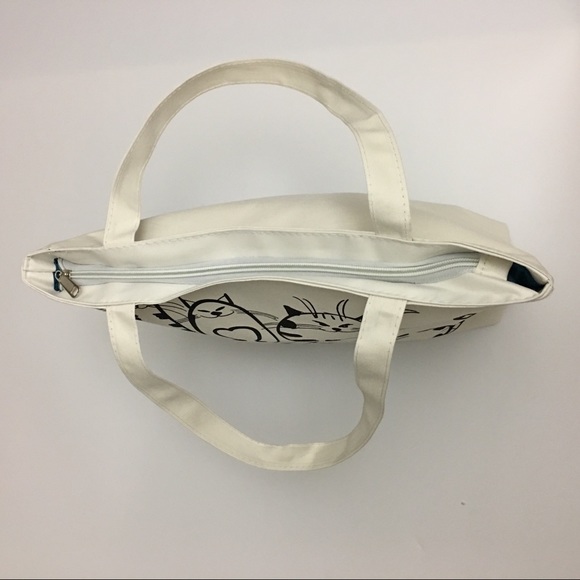 Off White Lined Zip Top Cat Lovers Book Bag Tote - Picture 5 of 7